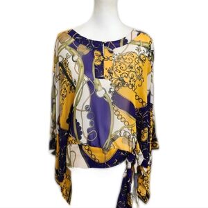 Jennifer Lopez Baroque Design Semi Sheer Batwing Sleeve Tie Blouse, S